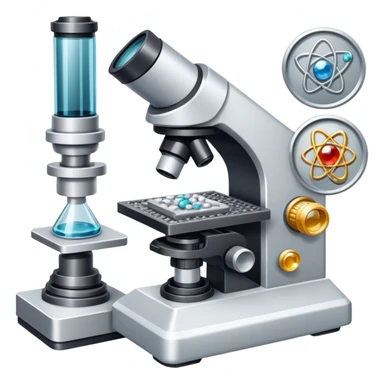 An icon featuring two-ocular electron microscope, a metal alloy, atomic structure symbols, a crystal structure. The design includes different materials like metals, ceramics and polymers, alongside a stamp representing testing and quality control. Transparent background sticker