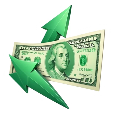 single green downward arrow on the left, space in the middle, single banknote on the right, clearly separated, representing lowering costs sticker