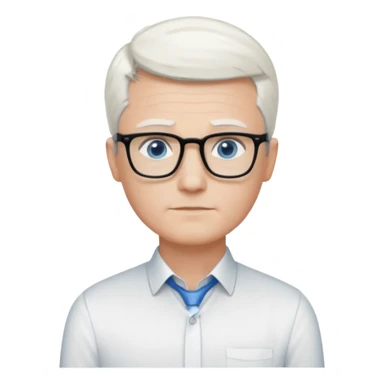 Thin white man, short white hair, black thin square glasses, white dress shirt, blue eyes, ceo - no tie - arms folded- stood right sticker