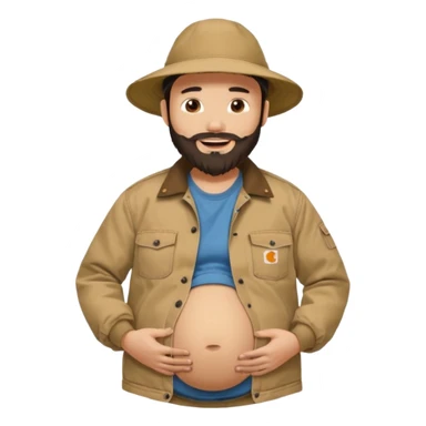 Bearded man rubbing pregnant belly poking out of shirt wearing a tan canvas carhartt jacket with a stereotypical large chinese hat on and buck teeth sticker
