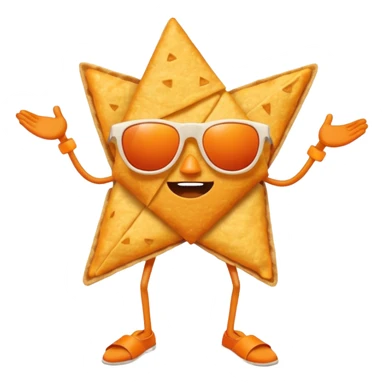 A dorito chip, with legs, arms, and a face. It can be seen wearing sunglasses sticker