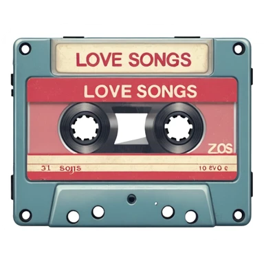 Isolated, rendering, vintage style music cassette tape, vintage appearance white label that reads "love songs" on front sticker