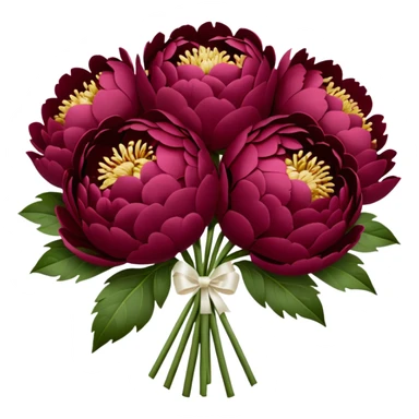 Big bouquet of burgundy peonies with a white satin ribbon sticker