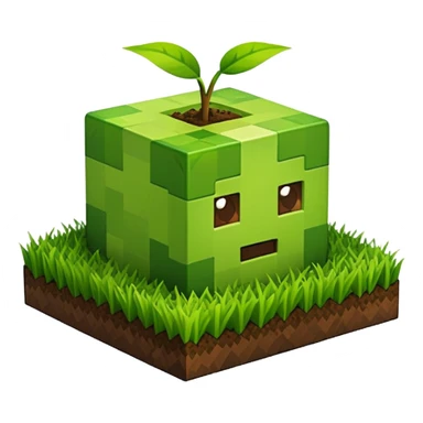 A 3D Apple-style emoji of a Minecraft grass block, cubic shape, with bright green grass on top and brown soil with pixel texture on the sides, simple and cute cartoon design. sticker