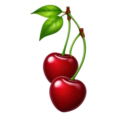 Pair of vibrant deep red cherries with green stem, fruit sticker
