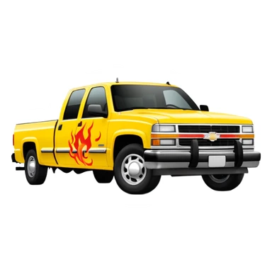 1997 yellow Chevy C-2500 Crew Cab with red flame design only painted on the front bumper, movie-accurate Kill Bill truck detail, 30-degree view, iOS emoji style sticker