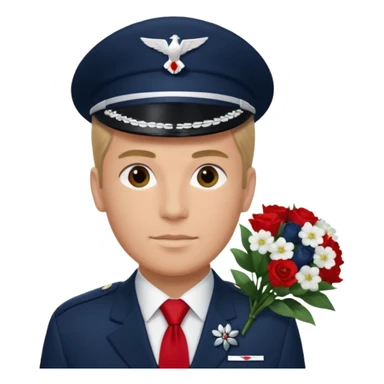 Homme avec bouquet fleurs blanches, avec uniforme bleu foncé cravate rouge comme Air France, arabe raie sur le côté sans chapeau juste insigne sans bouton manchette et un peu bronzée  sticker