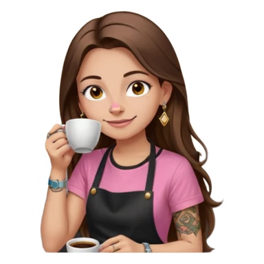Fille cheveux long châtain, peau beige type européen yeux marron, teeshirt rose avec un tablier noir, piercing au nez anneau doré, boucle d’oreille diamant doré. Elle boit un café Tatouage à la gorge sticker