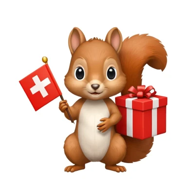 a squirrel holding a red gift box in one hand and a Swiss flag in the other, both objects clearly visible, simple white background sticker