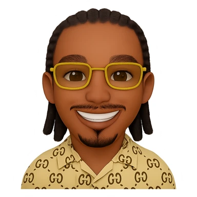 Keep the same parameters as the reference image: thin head, slightly lighter skin tone, beard only on the chin (no hair under the lower lip), mustache only above the upper lip, no hair under the lower lip, detailed black braided hair, golden rectangular sunglasses, beige top with GG pattern and visible collar, transparent background. Add a smile with visible white teeth. sticker