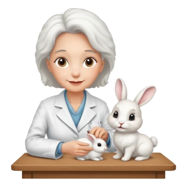 Older female vet – gentle smile, coat, checking rabbit on table. sticker