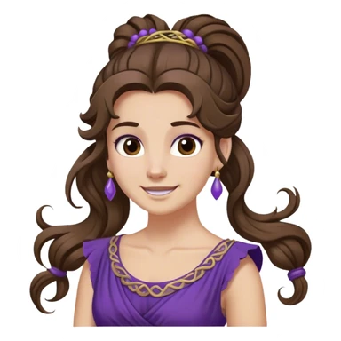 Femme aux cheveux longs et bruns attachés en une seule queue-de-cheval haute et volumineuse, avec une grande mèche retombant sur son front. Ses cheveux sont légèrement bouclés aux extrémités. Elle porte une robe violette inspirée de la Grèce antique et a un sourire malicieux. sticker