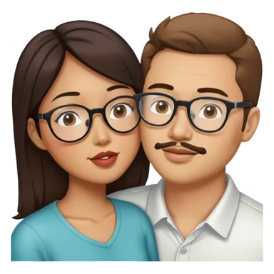 Asian American woman kissing a white guy with brown hair and the white guy has face stubble and glasses sticker