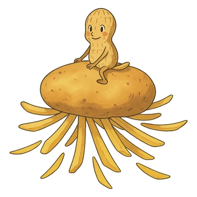 ghibli style peanut flying on a potato with fries sticker