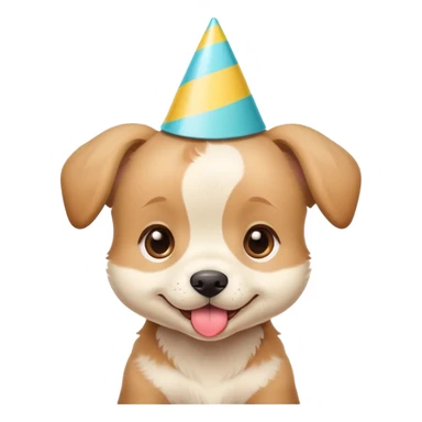 Cute puppy with a silly expression wearing a tiny party hat sticker