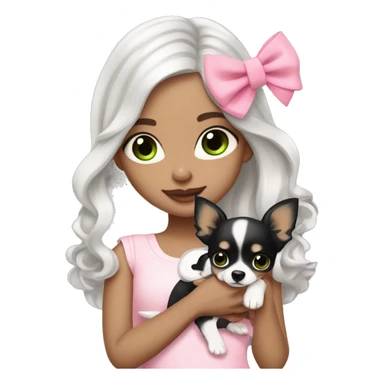 pale brunette ￼girl with short platinum Latina  wavy hair with bright green eyes and wearing a light pink hair bow holding a black and white long haired chihuahua puppy also wearing a hair bow sticker