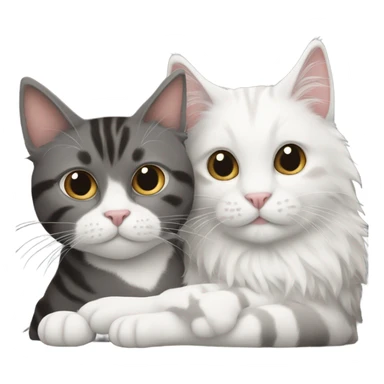 A grey & white cat and a black,brown, and white fluffy cat snuggling  sticker