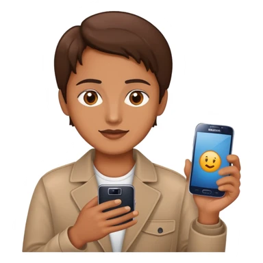 A brown cart with a brownie eyes Holding a samsung phone sticker