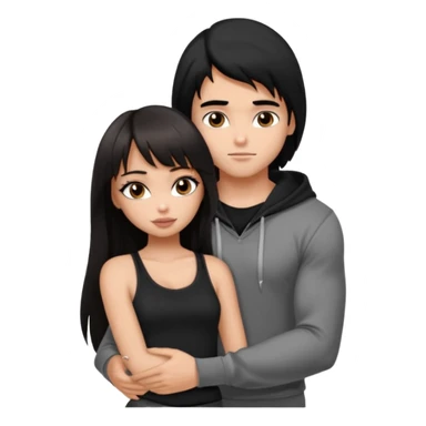 generate a pretty bratz girl in black cami top, dark brown straight long hair with bangs, eyeliner on, 

hugging a handsome muscular boy with black hair and a grey hoodie sticker