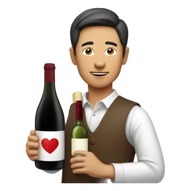 Asian Man with a bottle of wine come with heart shaped label  sticker