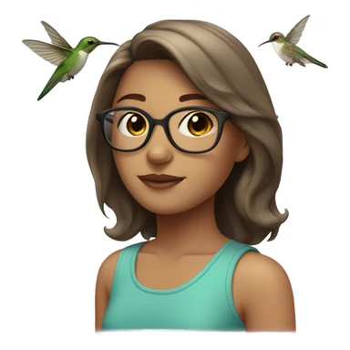 Girl pale , brunette, with short hair, wearing glasses with a hummingbird next to her sticker