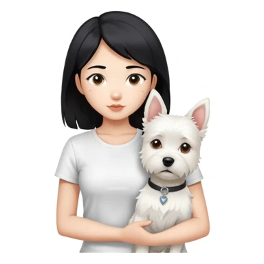 An Asain girl with black hair to her chest, wearing a white tight tshirt, she is  holding a west highland terrier with big ears  sticker