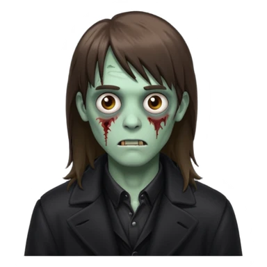 Zombie, emo guy with dark circles under his eyes and long brown hair with straight bangs, in a black long
 sticker