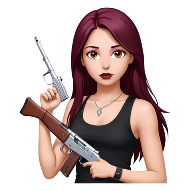 emoji of girl with an ak47 in hand with a black tank top gorgeous girl y2k with maroon dark long hair in a middle part with straight nose hazel eyes medium perfect eye brows with  a nose ring silver on the right nostril  sticker