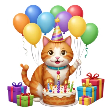 Ginger cat celebrates birthday, birthday hat, birthday cake, balloons, happy, gifts sticker