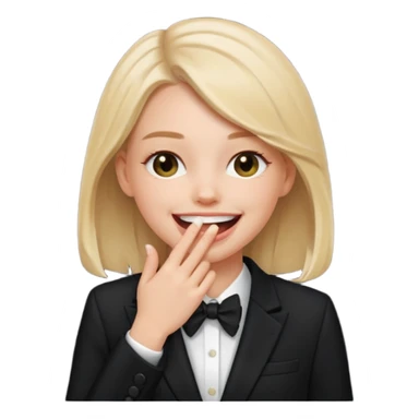 a white girl in a formal suit laughs, covers his mouth with his hand sticker