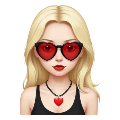 Blonde girl with pale skin and long hair with black cat eye sunglasses in black tank top with red heart necklace  sticker
