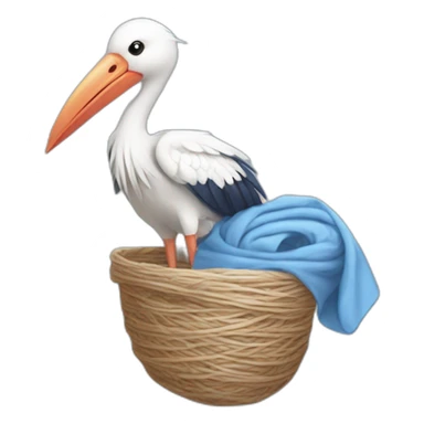 White stork carrying a blue bundle of cloth in its beak that has a human person cute baby with and the human baby head is peeking from the fabric bundle the strok is carrying with its beak sticker