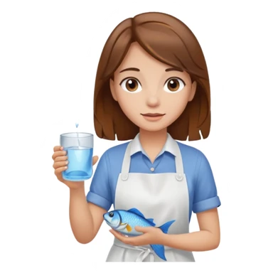 A girl with brown hair wearing an apron and holding a fish and a cup of water in another hand sticker