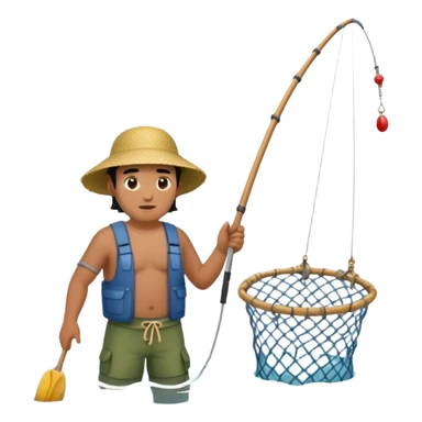A Polynesian fisherman standing in the water fishing with a large net sticker