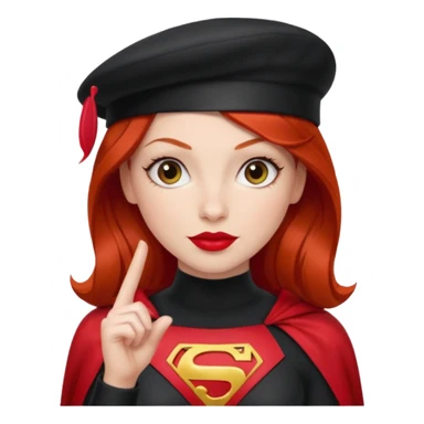 Uma ruiva feliz com batom vermelho com roupa vermelha tipo heroína, com uma boina preta, e uma cara mais “seria” fazendo pose com a mão. sticker