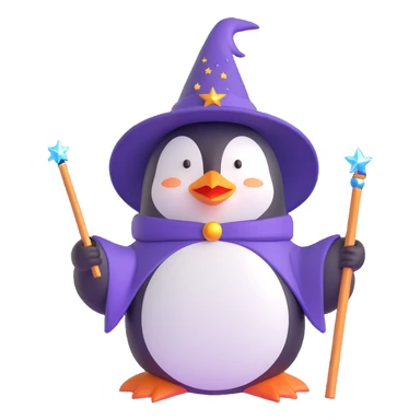 whimsical penguin wizard casting a spell with sparkles sticker