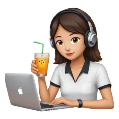 A Korean girl at a dive bar with a laptop and headphones on holding a drink  sticker