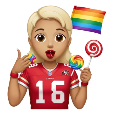 Gay pride 49ers fan licking rainbow lollipop and holding rainbow flag sticker