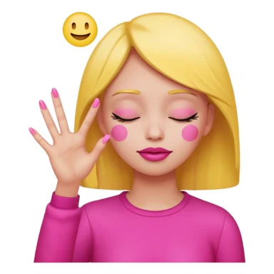 Yellow circle emoji sighing and drumming fingers up the side of their head the eye is closed it is a side profile pink lipstick and pink nails sticker