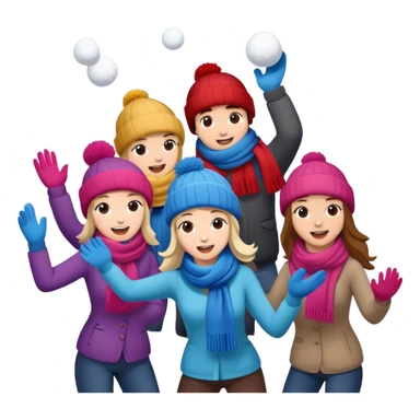 a group of friends having a snowball fight, winter hats and scarves, playful sticker