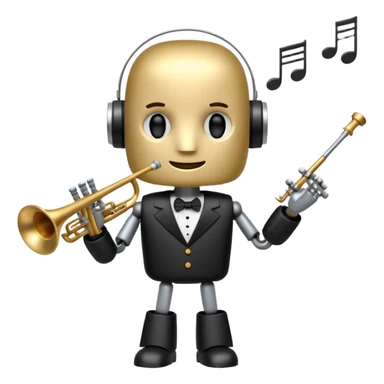 robot a sophisticated and elegant emoji that represents orchestration and arrangement. The design should feature a conductor’s baton, musical notes, and a symphonic score, symbolizing the process of arranging and orchestrating music. Incorporate instruments like a violin, trumpet, sticker