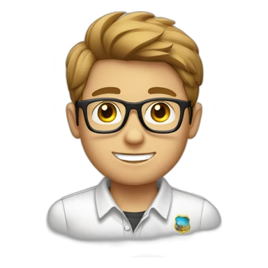 Light brown hair boy with glasses, with a white shirt and a badge with a logo GFT sticker