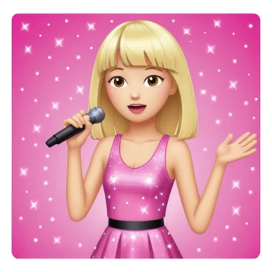 Pretty and thin tall Blonde pop star with bangs singing onstage, wearing a sparkly pink outfit   sticker