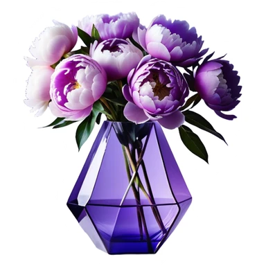 "An artistic composition of peonies in dreamy shades of light violet, lavender, and periwinkle, placed in a geometric glass vase with a glowing purple tint. The flowers have softly abstracted, fluid shapes, with petals that appear to merge and drift like ink in water. A translucent, ribbon-like strand of soft lilac wraps around the vase, floating weightlessly as if suspended in motion."
 sticker