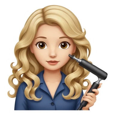 pretty girl with long wavy dirty blonde hair holding a hair styling hot curling tool, curling her hair  sticker