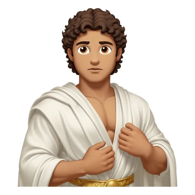 Cinematic Realistic Hercules Portrait, depicted as a classical Greek hero inspired by the Disney version yet echoing the refined proportions and serene dignity of Michelangelo's David. His idealized, sun-kissed tan skin glows with timeless strength, and his thick, curly wavy dark brownhair falls in natural, sculpted curls. Draped in a flowing white robe with delicate golden accents, his expressive eyes radiate determined nobility, all rendered under dynamic natural lighting with a mythic, radiant glow. sticker
