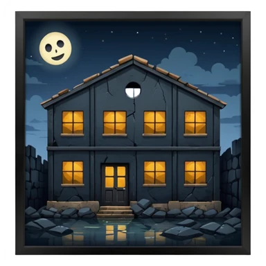 cinematic realistic ultra HD - a warehouse in a secluded place, at night with broken walls sticker