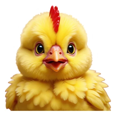 Cinematic Cute Yellow Baby Chicken Portrait Emoji, Head tilted playfully and inquisitively, featuring a fluffy, vibrant yellow downy coat with a tiny red comb, round, sparkling beady eyes filled with curiosity, Simplified yet irresistibly adorable features, highly detailed, glowing with a warm, friendly glow, high shine, affectionate and lively, stylized with a touch of playful whimsy, bright and endearing, soft glowing outline, capturing the essence of a mischievous yet loving chick, so playful it feels like it could peep out of the screen and into your arms! sticker
