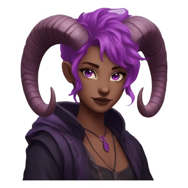 tiefling purple skin freckles  purple eyes black ram horns pink hair sticker