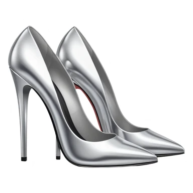A pair of high heel shoes emoji made of polished silver chrome, elegant sharp silhouette, smooth metallic surface, glossy reflections, luxury sexy vibe, minimalistic iOS emoji style, centered, clean white background sticker